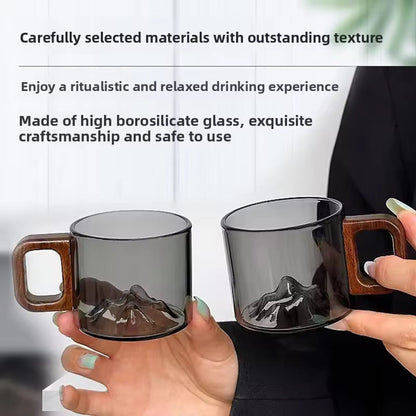 Zenith Mountain Glass Mug – 3D Peak Landscape Cup with Artisan Wood Handle