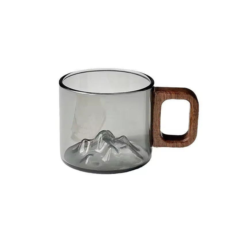 Zenith Mountain Glass Mug – 3D Peak Landscape Cup with Artisan Wood Handle