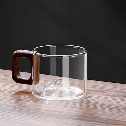 Zenith Mountain Glass Mug – 3D Peak Landscape Cup with Artisan Wood Handle