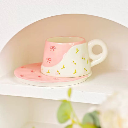 Coquette Garden Duo – Artisan Patterned Ceramic Cup & Scalloped Tea Saucer