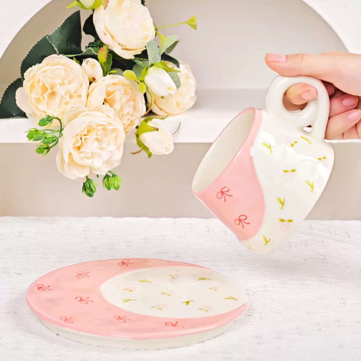 Coquette Garden Duo – Artisan Patterned Ceramic Cup & Scalloped Tea Saucer