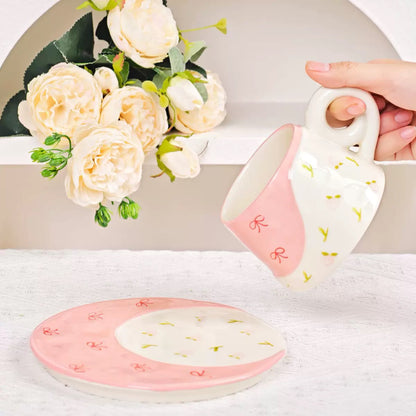 Coquette Garden Duo – Artisan Patterned Ceramic Cup & Scalloped Tea Saucer