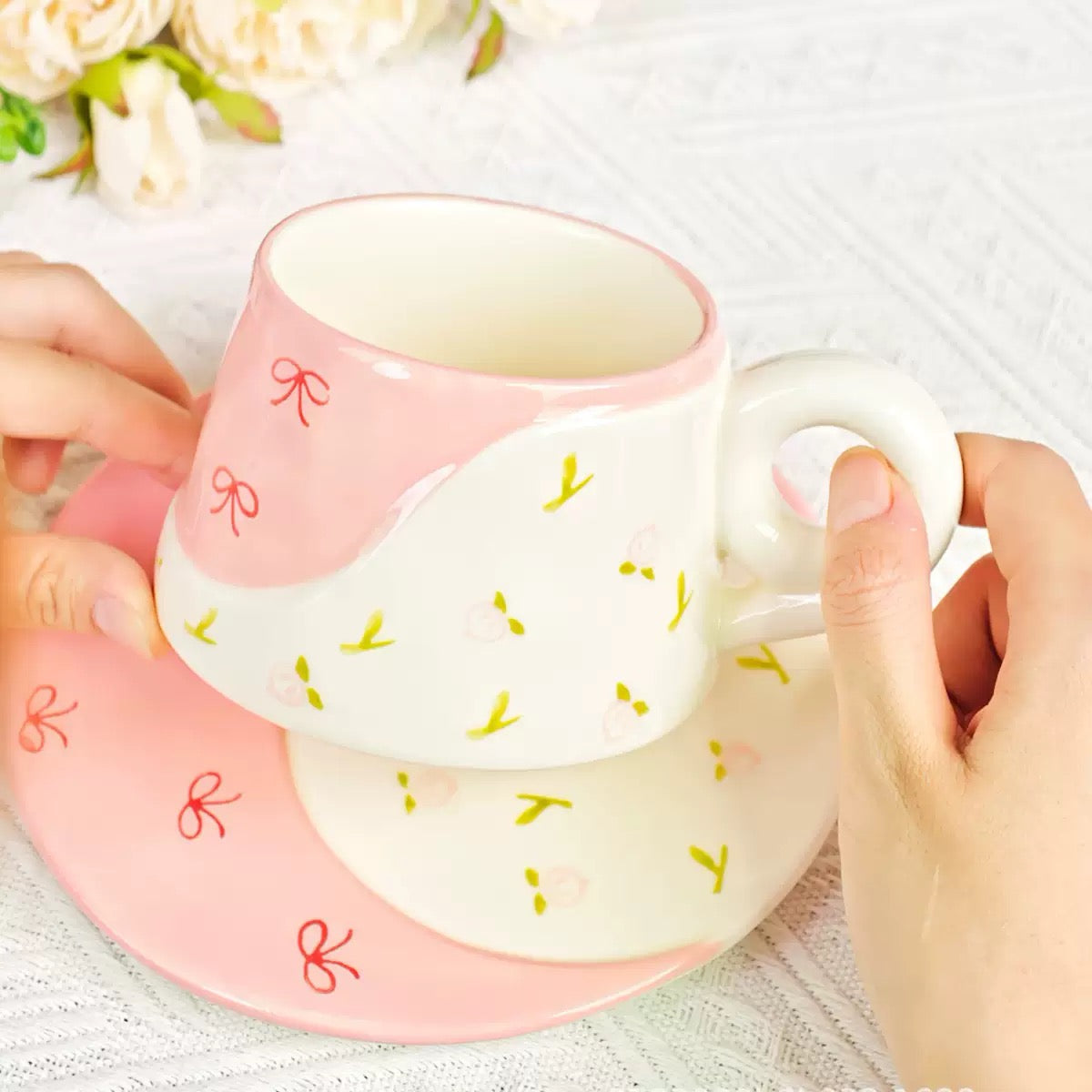 Coquette Garden Duo – Artisan Patterned Ceramic Cup & Scalloped Tea Saucer
