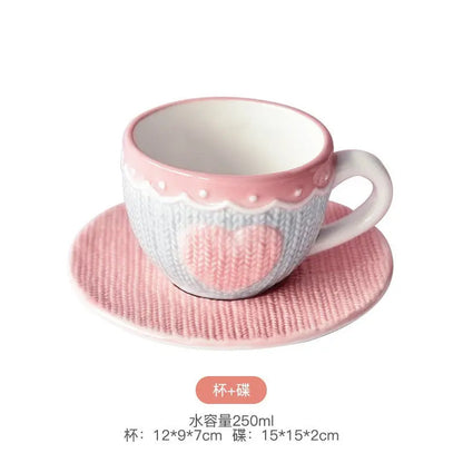 Amour Knit Duo – Artisan Textured Ceramic Cup & Sculpted Heart Saucer