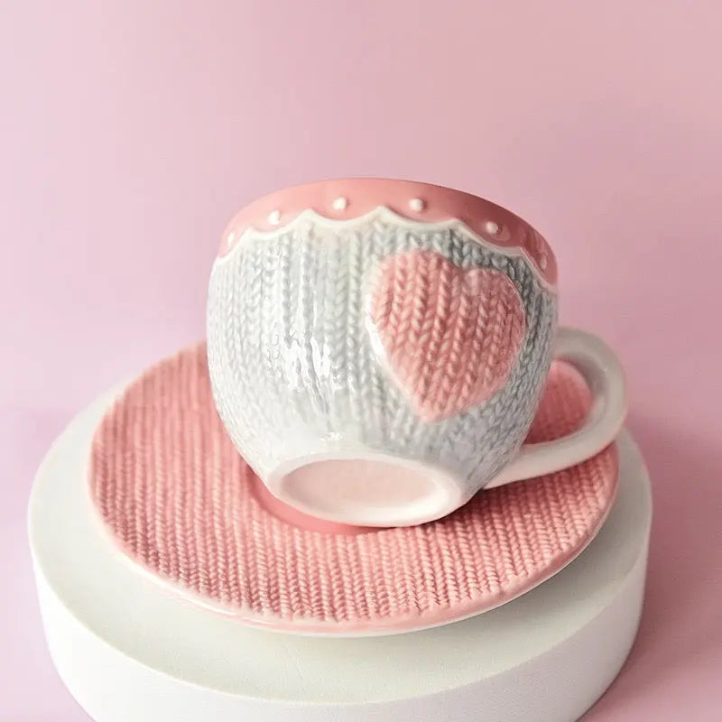 Amour Knit Duo – Artisan Textured Ceramic Cup & Sculpted Heart Saucer