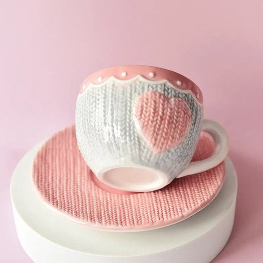 Amour Knit Duo – Artisan Textured Ceramic Cup & Sculpted Heart Saucer