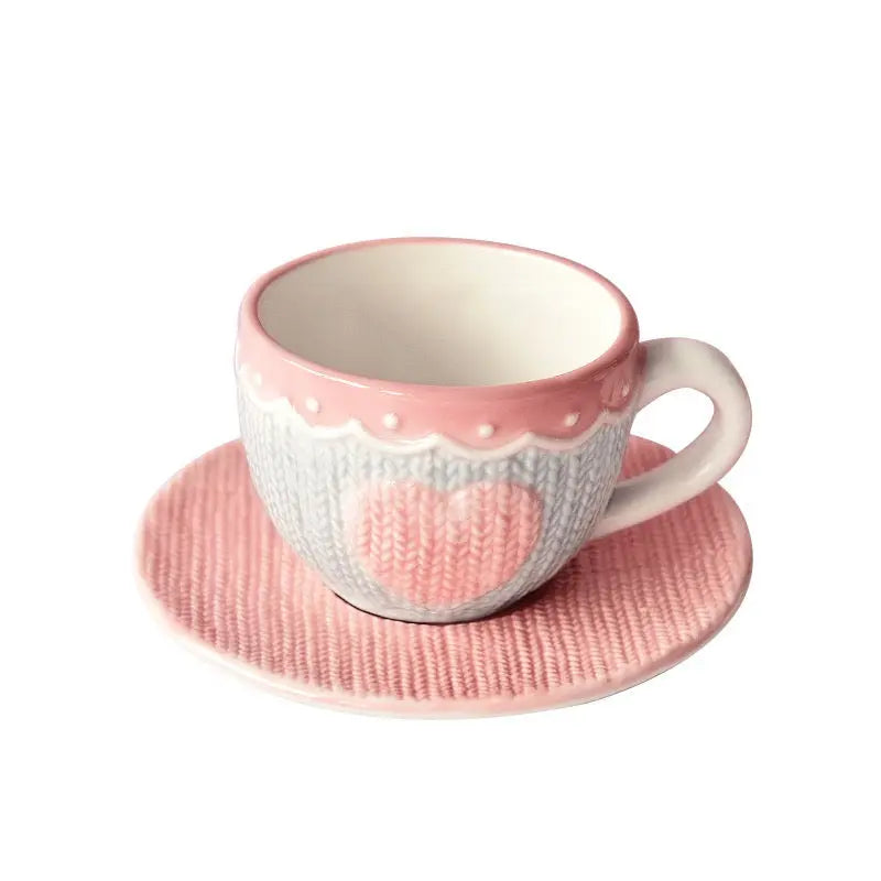 Amour Knit Duo – Artisan Textured Ceramic Cup & Sculpted Heart Saucer