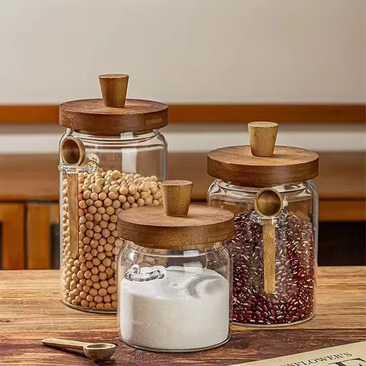 Artisan Pantry – 3-Piece Architectural Glass Storage Trio with Natural Wood Lid & Integrated Scoop