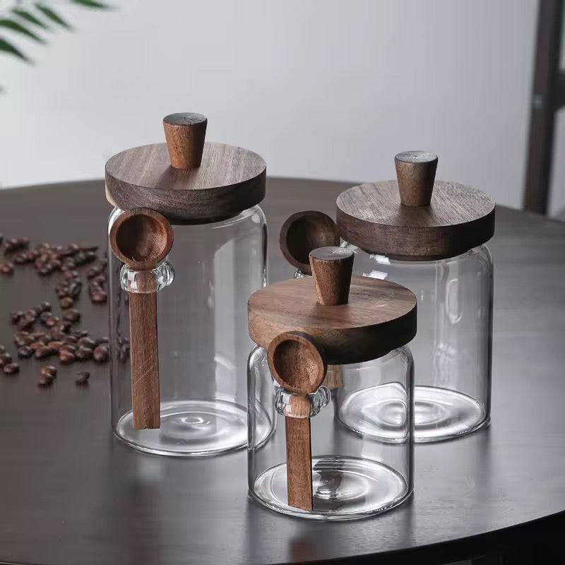 Artisan Pantry – 3-Piece Architectural Glass Storage Trio with Natural Wood Lid & Integrated Scoop