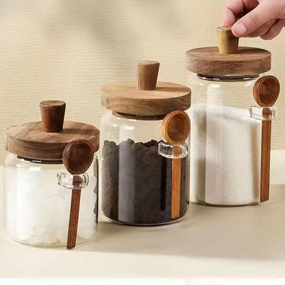 Artisan Pantry – 3-Piece Architectural Glass Storage Trio with Natural Wood Lid & Integrated Scoop