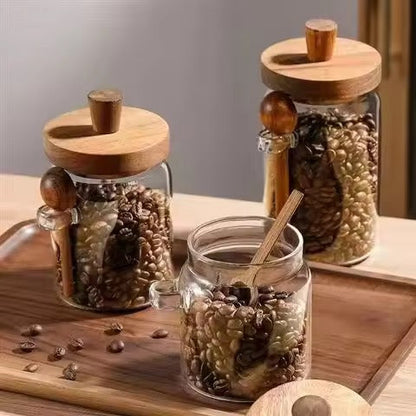 Artisan Pantry – 3-Piece Architectural Glass Storage Trio with Natural Wood Lid & Integrated Scoop