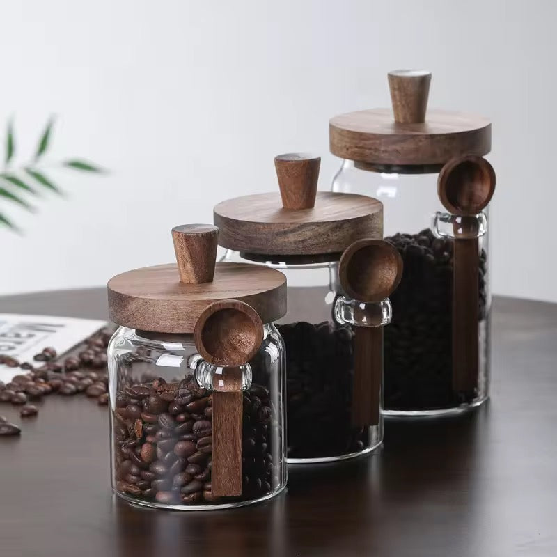 Artisan Pantry – 3-Piece Architectural Glass Storage Trio with Natural Wood Lid & Integrated Scoop