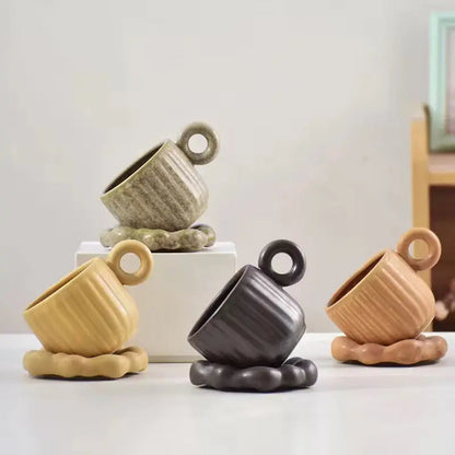 Sculptural Nordic Espresso Set – Architectural Tilted Cup & Textured Saucer Duo