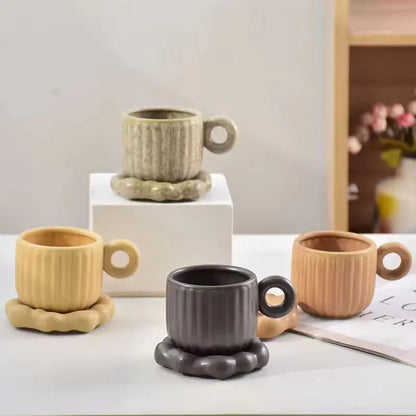 Sculptural Nordic Espresso Set – Architectural Tilted Cup & Textured Saucer Duo