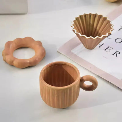 Sculptural Nordic Espresso Set – Architectural Tilted Cup & Textured Saucer Duo