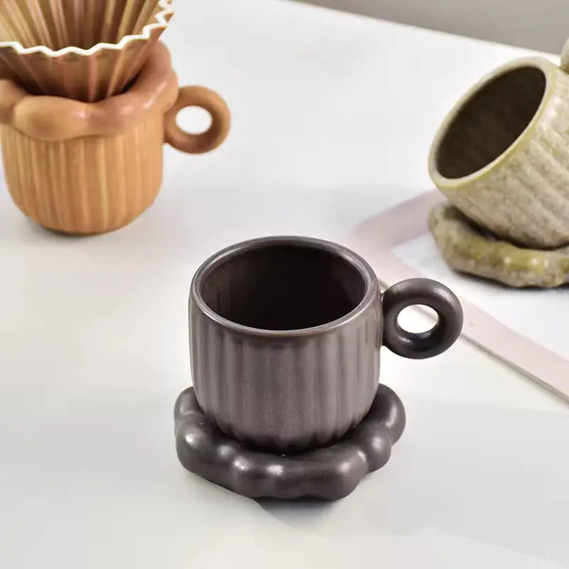 Sculptural Nordic Espresso Set – Architectural Tilted Cup & Textured Saucer Duo