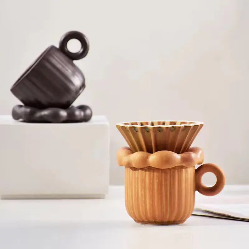 Sculptural Nordic Espresso Set – Architectural Tilted Cup & Textured Saucer Duo