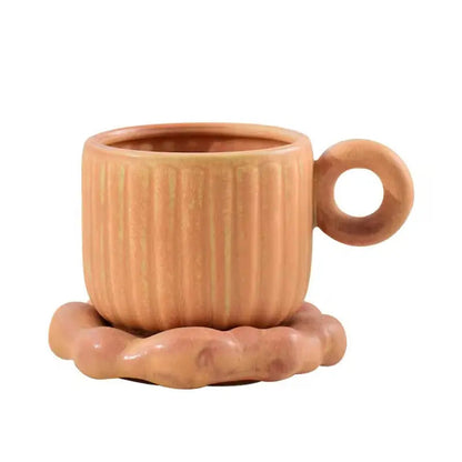 Sculptural Nordic Espresso Set – Architectural Tilted Cup & Textured Saucer Duo