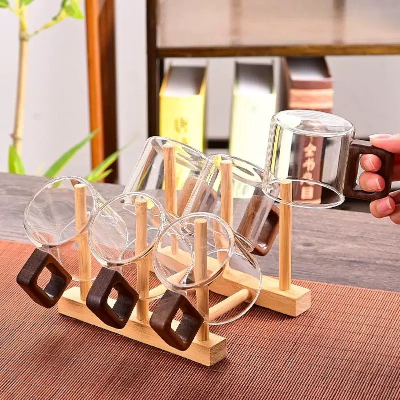 Nordic Glass & Bamboo Beverage Set – 6-Piece Minimalist Cup Rack & Mug Collection