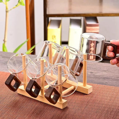 Nordic Glass & Bamboo Beverage Set – 6-Piece Minimalist Cup Rack & Mug Collection