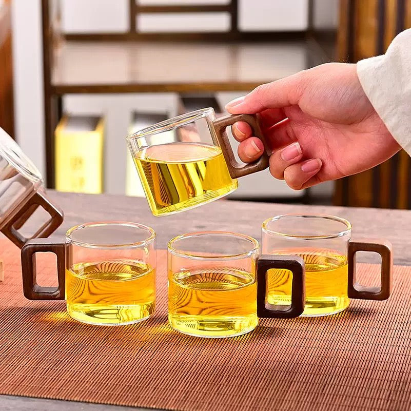 Nordic Glass & Bamboo Beverage Set – 6-Piece Minimalist Cup Rack & Mug Collection