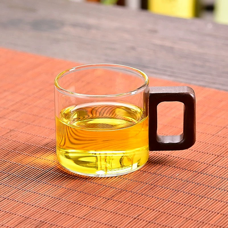 Nordic Glass & Bamboo Beverage Set – 6-Piece Minimalist Cup Rack & Mug Collection