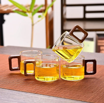 Nordic Glass & Bamboo Beverage Set – 6-Piece Minimalist Cup Rack & Mug Collection
