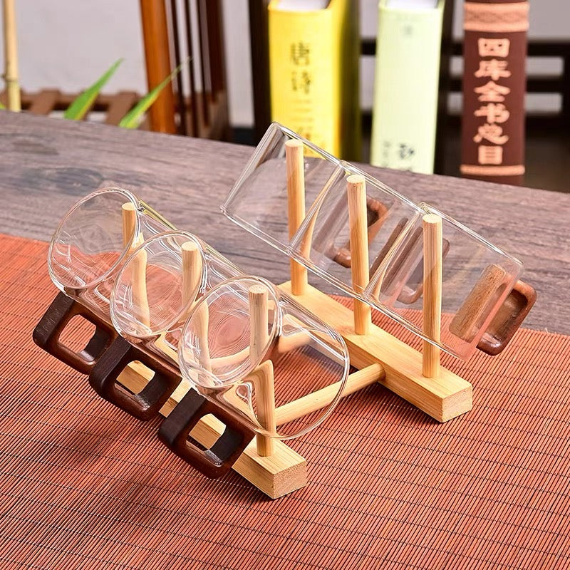 Nordic Glass & Bamboo Beverage Set – 6-Piece Minimalist Cup Rack & Mug Collection