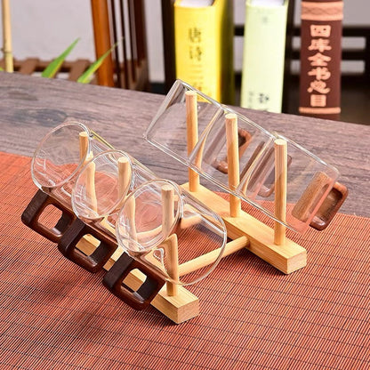 Nordic Glass & Bamboo Beverage Set – 6-Piece Minimalist Cup Rack & Mug Collection