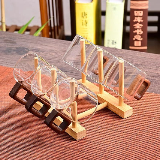 Nordic Glass & Bamboo Beverage Set – 6-Piece Minimalist Cup Rack & Mug Collection