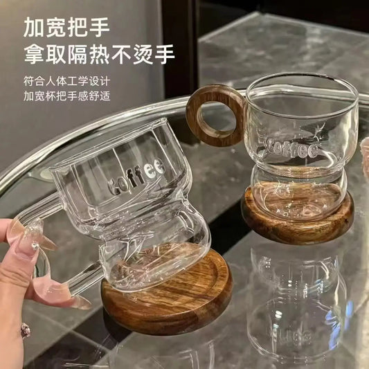 Nordic Ember Duo – Artisan Double-Walled Borosilicate Glass Mug & Ash-Wood Base Set