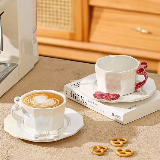 Coquette Glass-Bow Duo – Minimalist Ceramic Cup & Matching Saucer Set