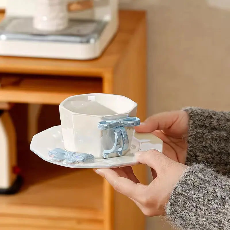 Coquette Glass-Bow Duo – Minimalist Ceramic Cup & Matching Saucer Set