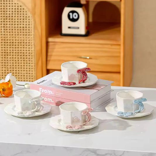 Coquette Glass-Bow Duo – Minimalist Ceramic Cup & Matching Saucer Set