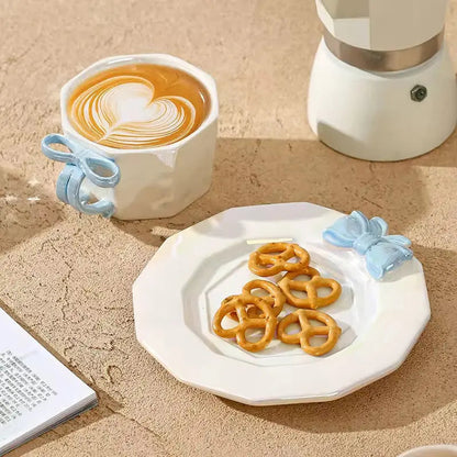 Coquette Glass-Bow Duo – Minimalist Ceramic Cup & Matching Saucer Set