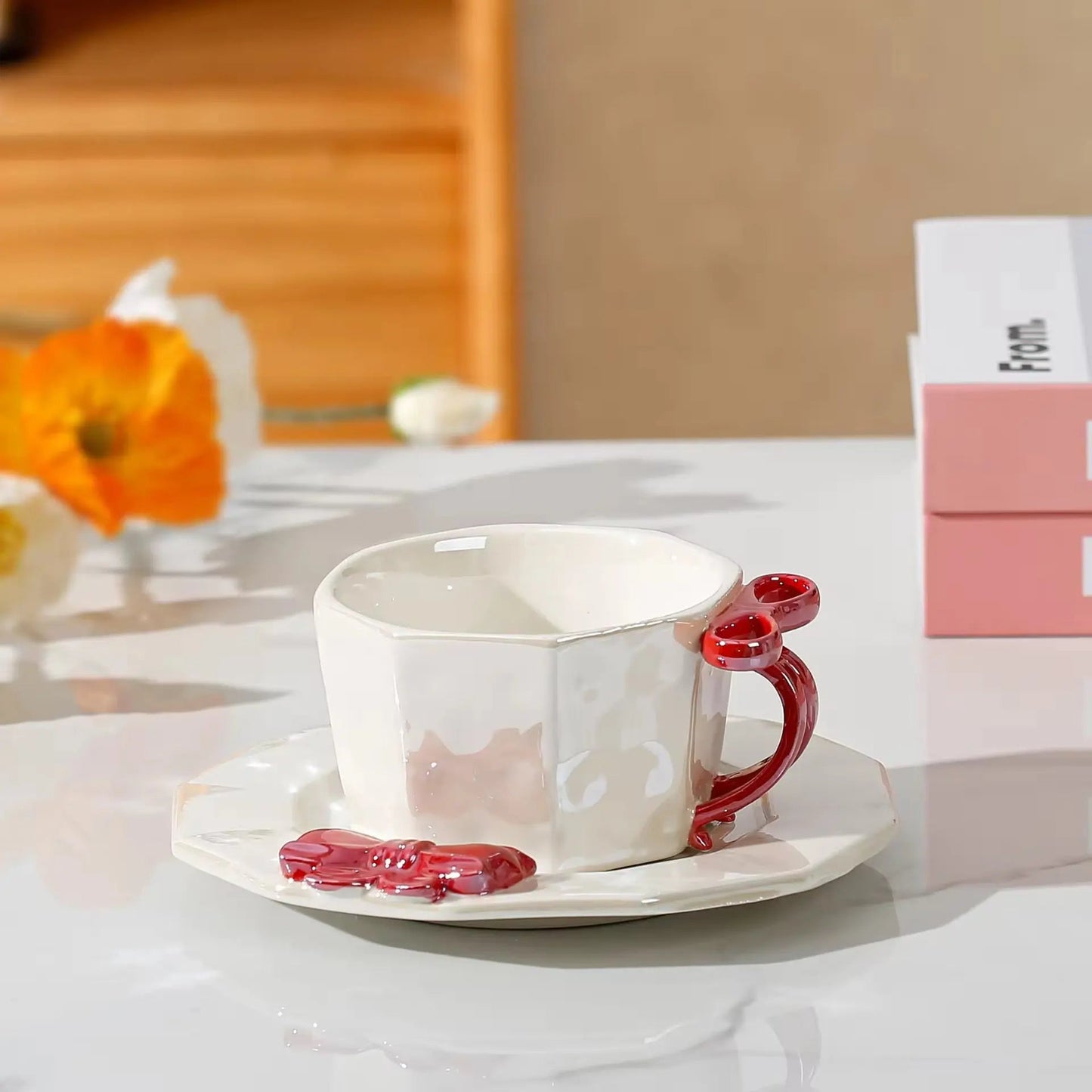 Coquette Glass-Bow Duo – Minimalist Ceramic Cup & Matching Saucer Set