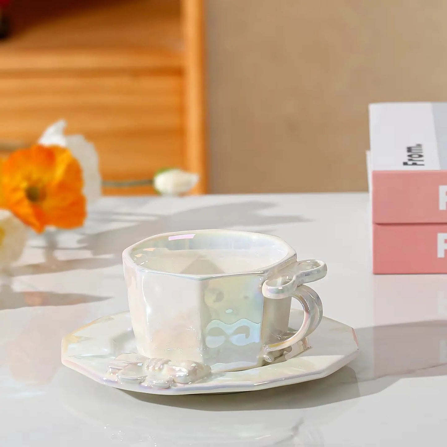 Coquette Glass-Bow Duo – Minimalist Ceramic Cup & Matching Saucer Set