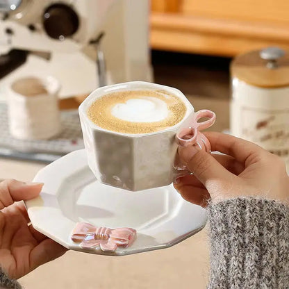 Coquette Glass-Bow Duo – Minimalist Ceramic Cup & Matching Saucer Set