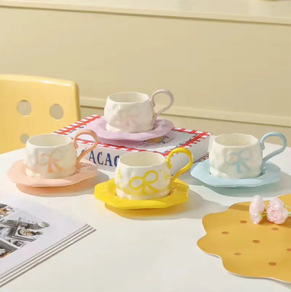 Ribbon-Embossed Espresso Set – Minimalist Bow-Accent Cup & Saucer Duo