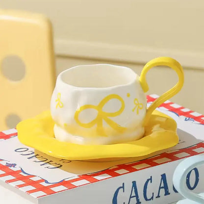 Ribbon-Embossed Espresso Set – Minimalist Bow-Accent Cup & Saucer Duo