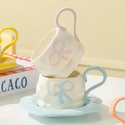 Ribbon-Embossed Espresso Set – Minimalist Bow-Accent Cup & Saucer Duo