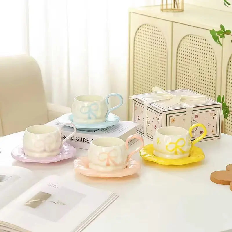 Ribbon-Embossed Espresso Set – Minimalist Bow-Accent Cup & Saucer Duo