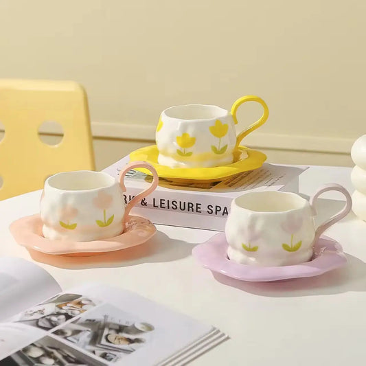 Pastel Flower Cup & Saucer – Minimalist Floral Ceramic Tea Set