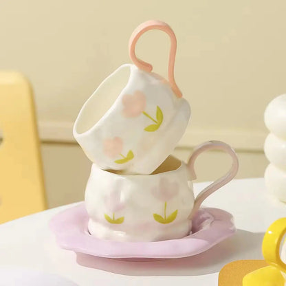 Pastel Flower Cup & Saucer – Minimalist Floral Ceramic Tea Set