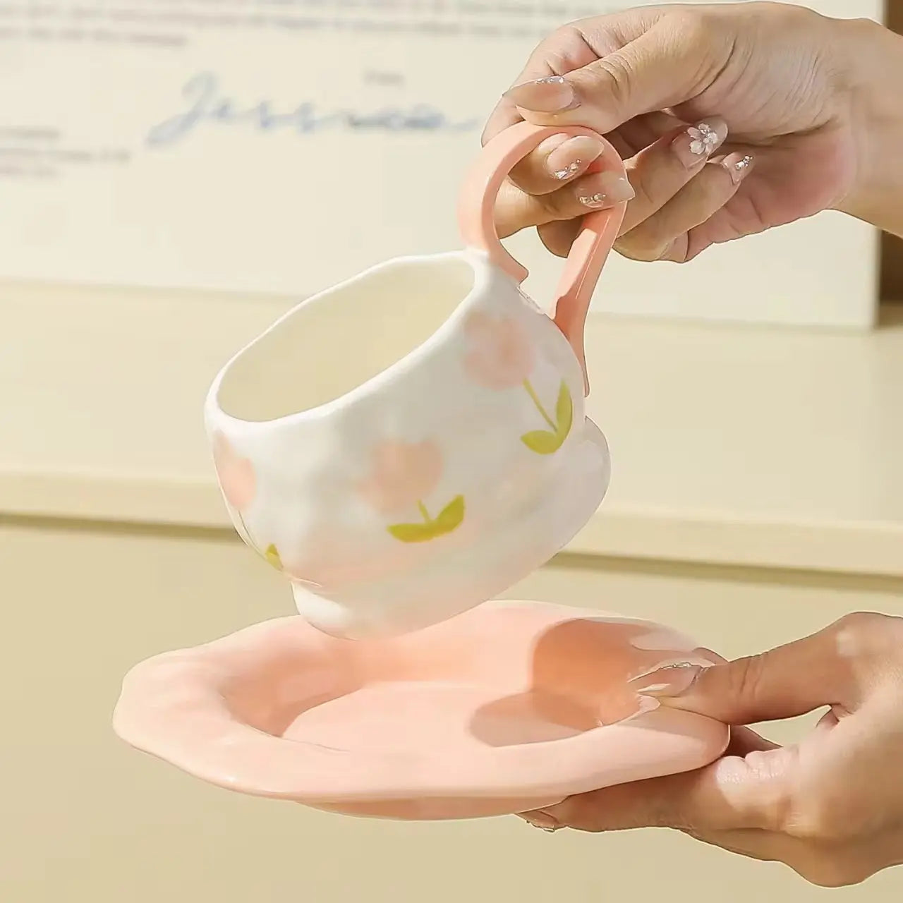 Pastel Flower Cup & Saucer – Minimalist Floral Ceramic Tea Set