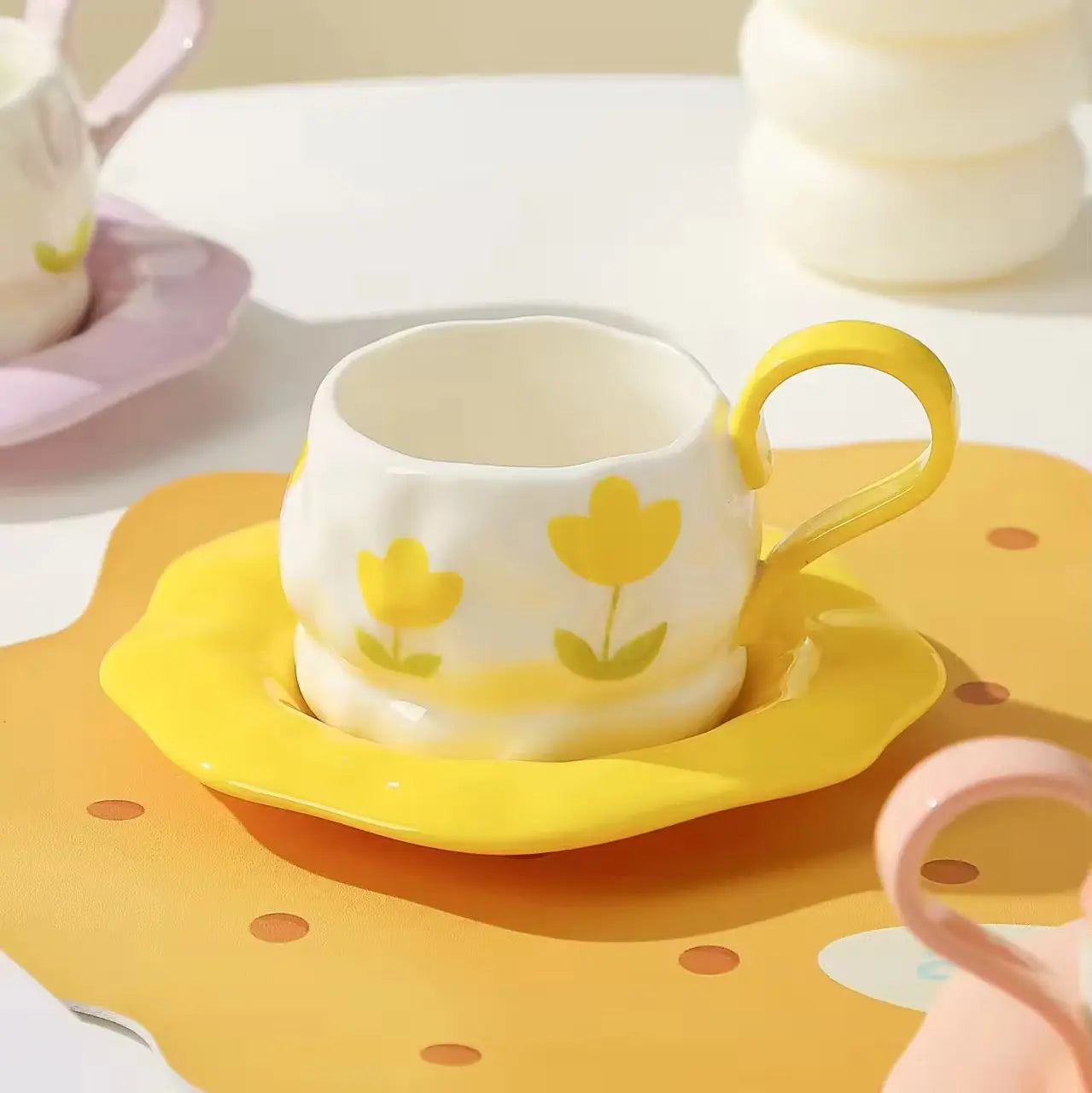 Pastel Flower Cup & Saucer – Minimalist Floral Ceramic Tea Set