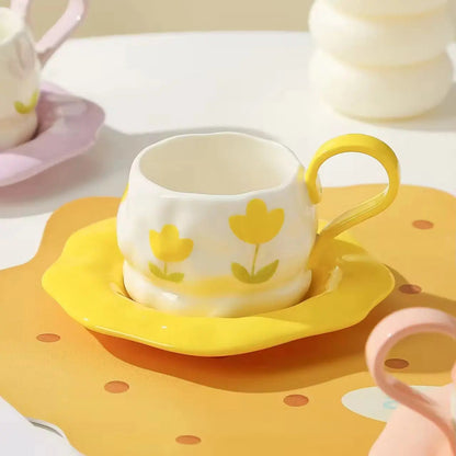Pastel Flower Cup & Saucer – Minimalist Floral Ceramic Tea Set