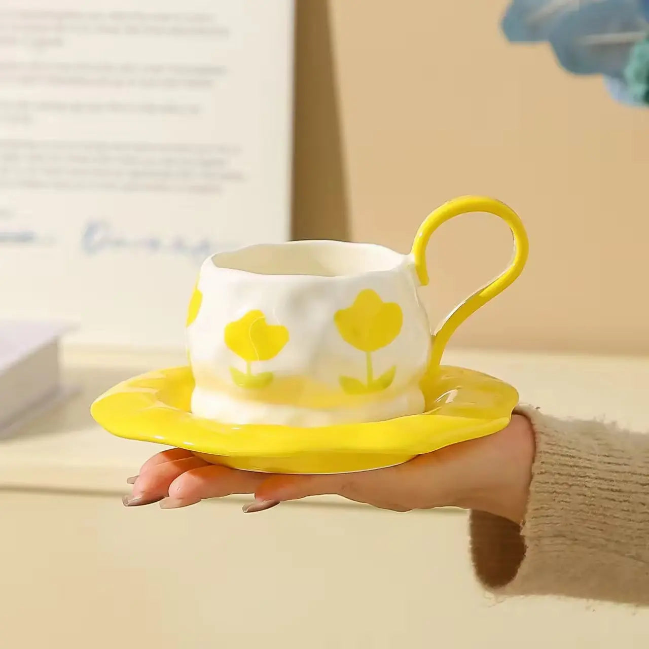 Pastel Flower Cup & Saucer – Minimalist Floral Ceramic Tea Set