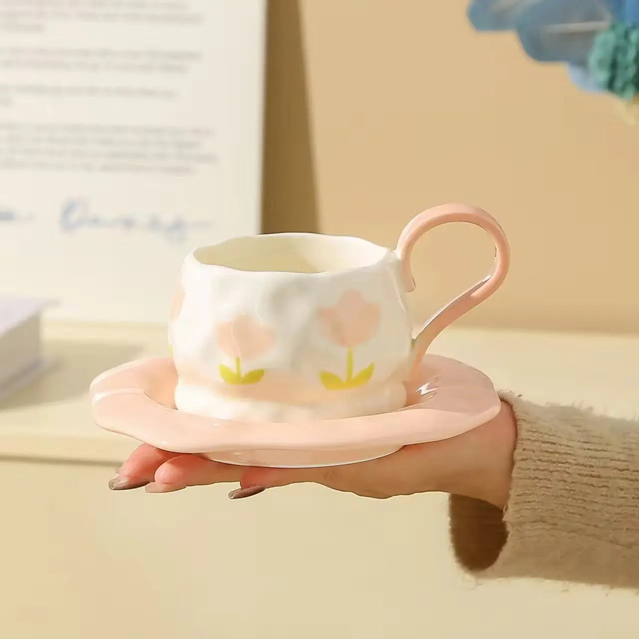 Pastel Flower Cup & Saucer – Minimalist Floral Ceramic Tea Set