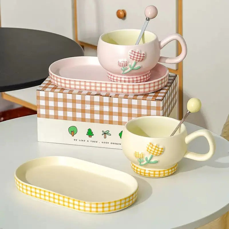 Pastel Floral Ceramic Coffee Cup Set – Aesthetic Mug with Matching Tray & Spoon 🌼
